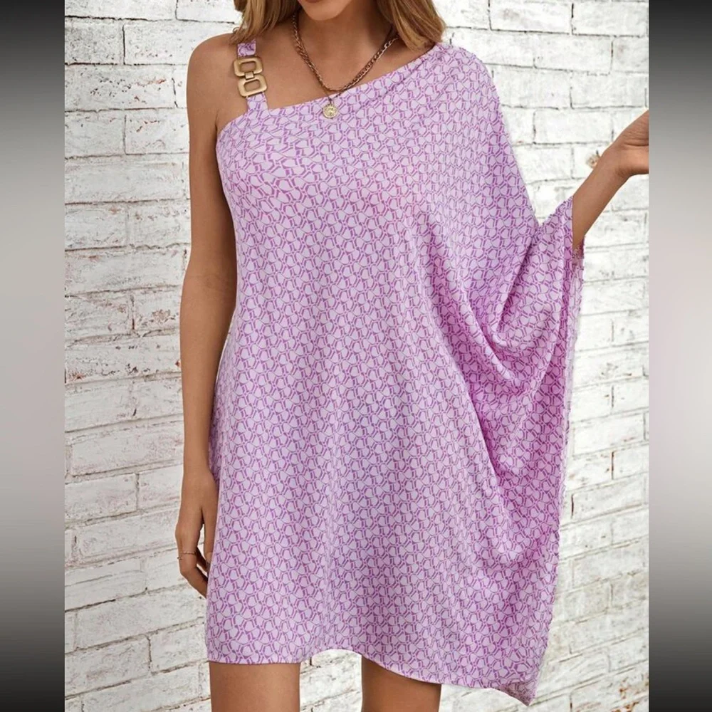 Boho chain strap one shoulder batwing sleeve mini dress - Picture 1 of 5